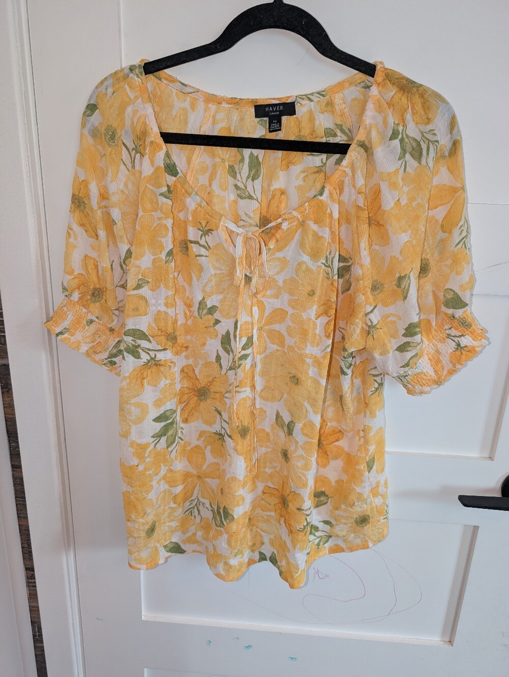 Have Yellow Floral Tie-Front Peasant Blouse